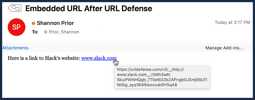 Segundo ejemplo de correo electrónico con URLdefense